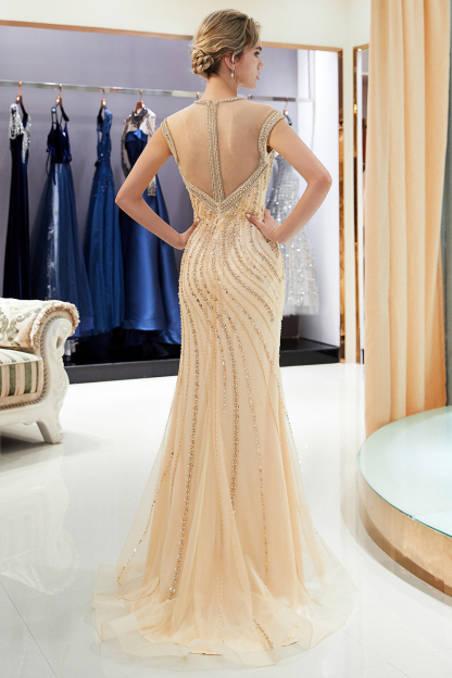 BMbridal Elegant Mermaid Jewel Long Gold Prom Dresses Sleeveless Evening Gowns with Rhinestones