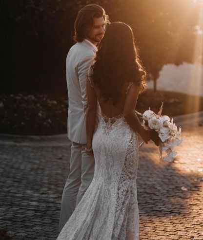 Amazing Wide Straps Open Back Mermaid V-Neck Wedding Dress with Appliques Lace