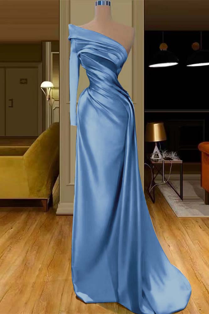 Glamorous One Shoulder Champagne Long Sleeve Prom Dress Mermaid With Pleated