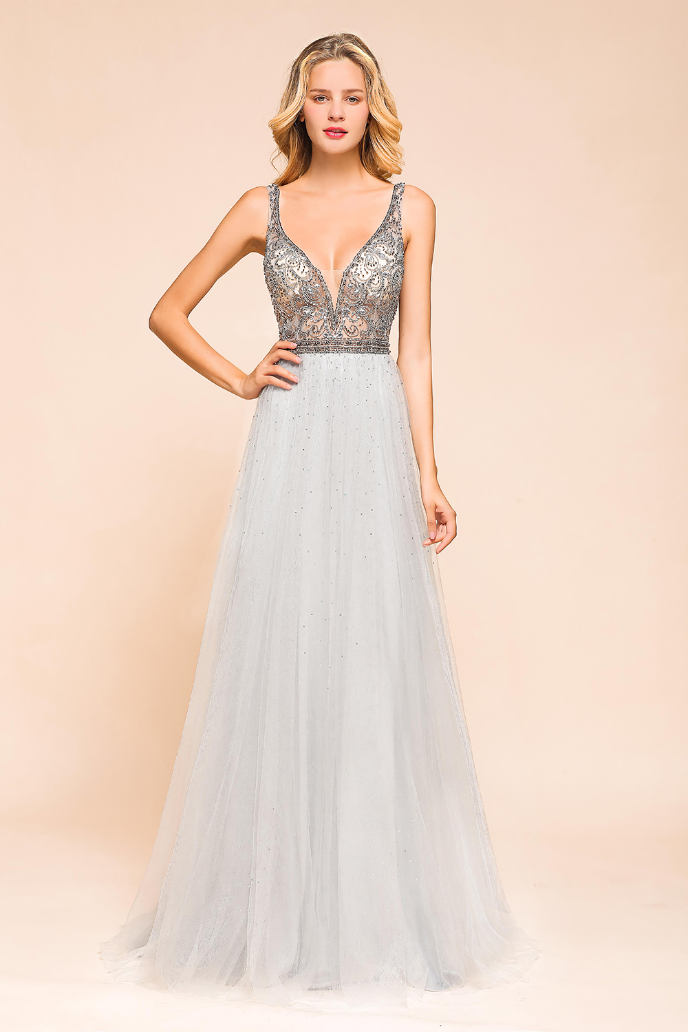 BMbridal Charming V-Neck Tulle Long Prom Dress With Crystals On Sale