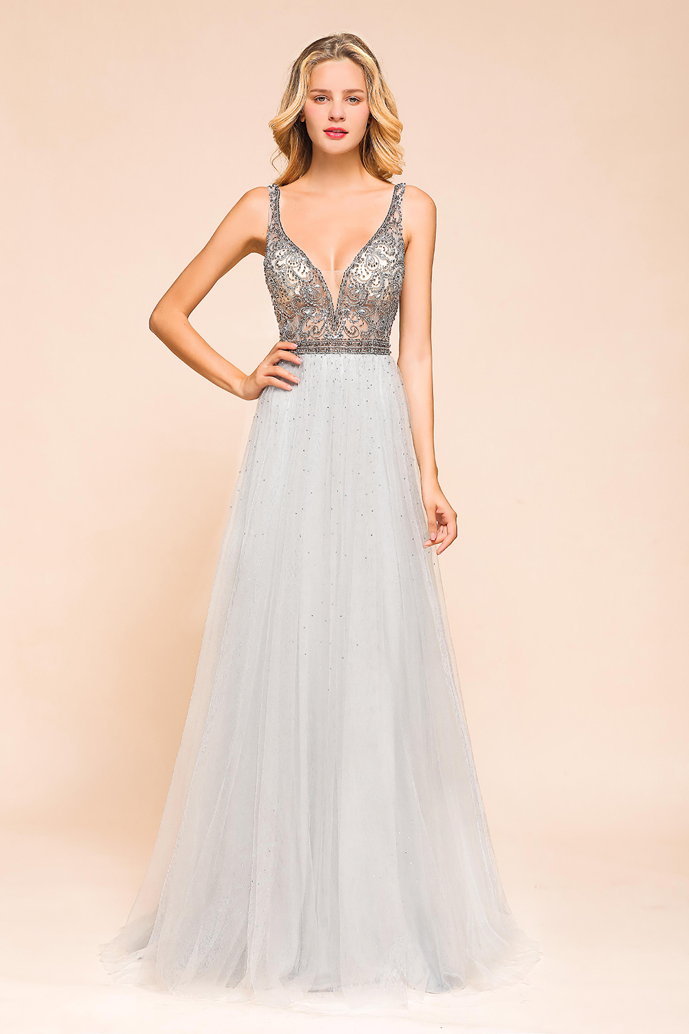 BMbridal Charming V-Neck Tulle Long Prom Dress With Crystals On Sale