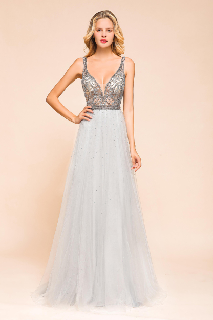 BMbridal Charming V-Neck Tulle Long Prom Dress With Crystals On Sale