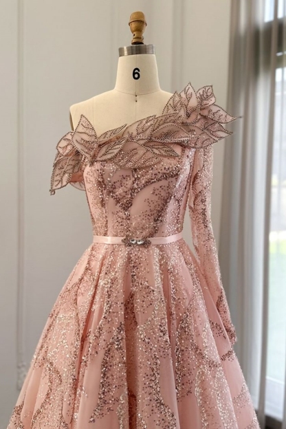 Bmbridal A-Line Champagne Strapless Tulle One Shoulder Prom Dresses with Ruffles