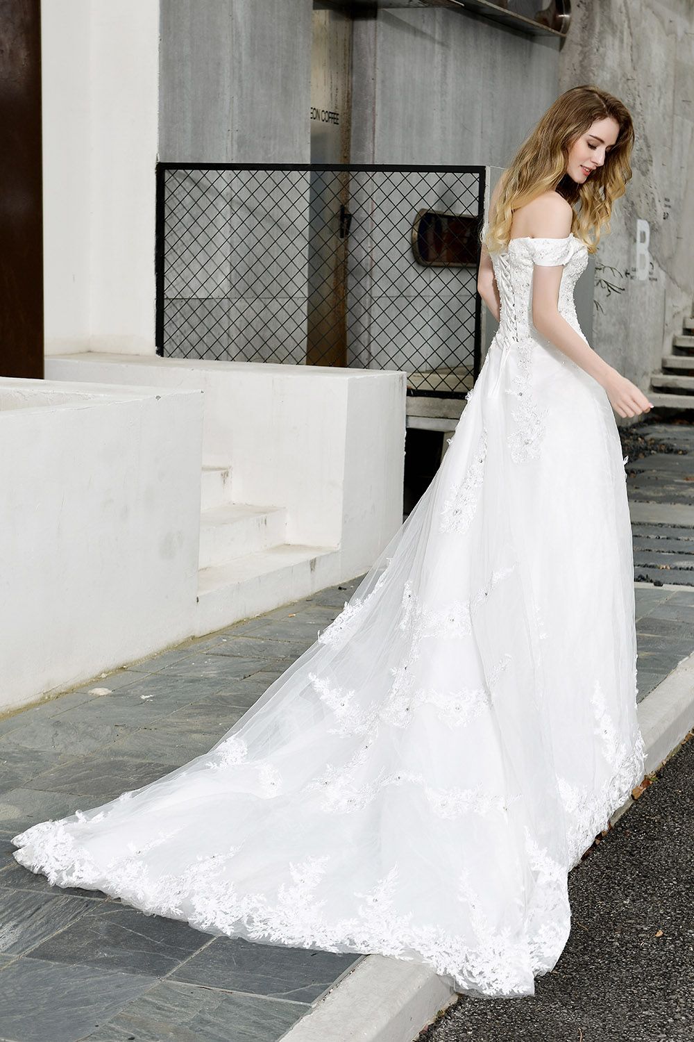 BMbridal Gorgeous Lace Off-the-Shoulder Long Wedding Dress with Beadings
