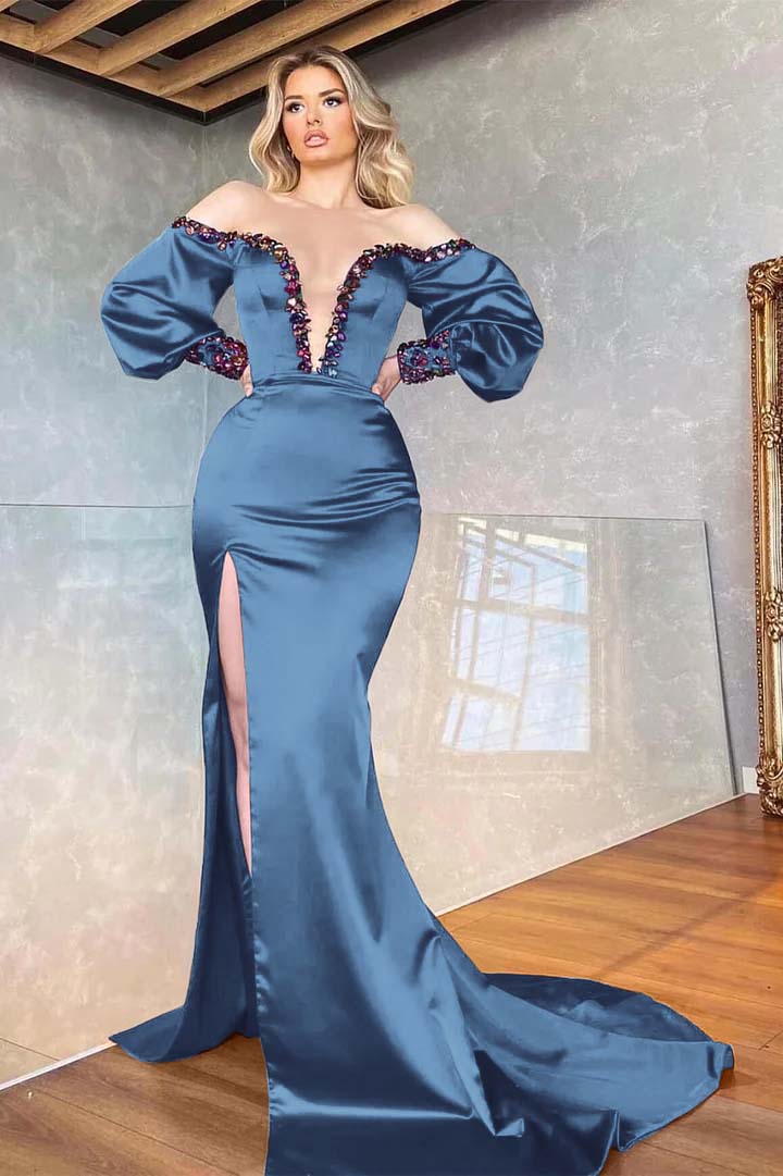 Purple Mermaid Beadings Front Split Prom Dress Off the Shoulder With Long Sleeves V Neck