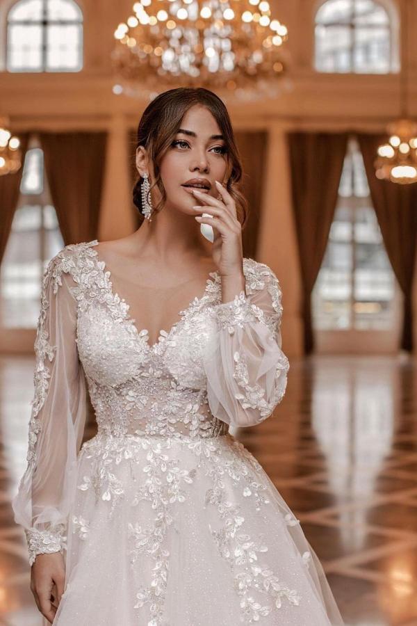 Bmbridal Long Sleeve Wedding Dress V-Neck With Lace Appliques-BMbridal