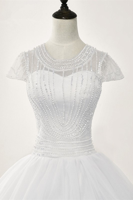 BMbridal Chic Ball Gown Jewel White Tulle Lace Wedding Dress Short Sleeves Rhinestones Bridal Gowns Online-BMbridal