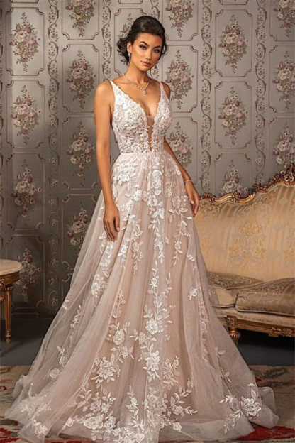 Sleeveless Tulle V-Neck A-Line Lace Appliques Wedding Dress