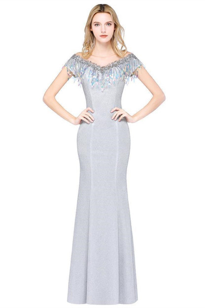 BMbridal Elegant Jewel Short Sleeves Sequins Evening Dress with Tassels