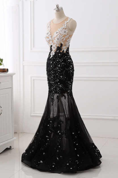 BMbridal Luxury Tulle Jewel Appliques Mermaid Prom Dresses with Rhinestone Online
