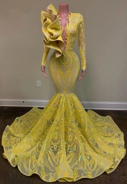 Bmbridal Yellow Long Sleeves Prom Dress Mermaid Sequins