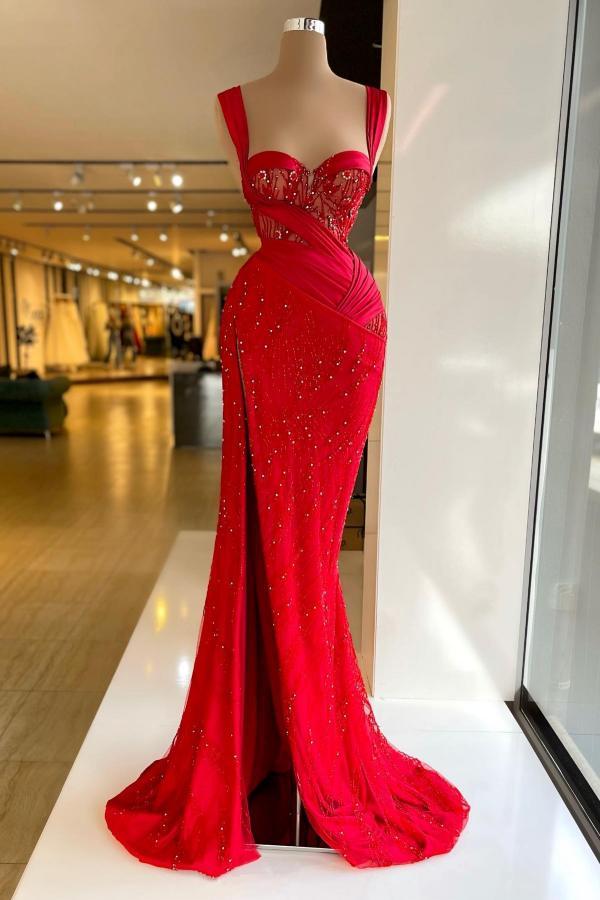 Chic Mermaid Floor-Length Sweetheart Sleeveless Split Front Satin Lace Prom Dresses with Beads