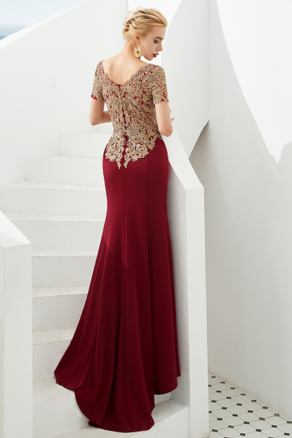 BMbridal Burgundy Short Sleeves Mermaid Prom Dress Long With Gold Appliques