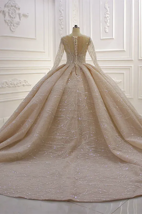 Glamorous Bateau Long Sleeves Floor-Length Ball Gown Wedding Dress with Ruffles