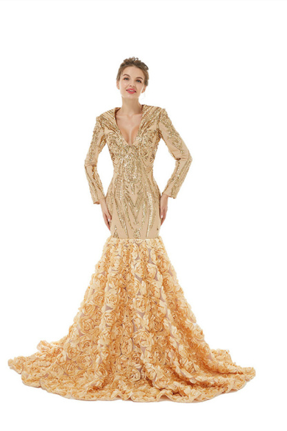 Bmbridal Long Sleeves V-Neck Prom Dress Mermaid Sequins With Flowers Bottom