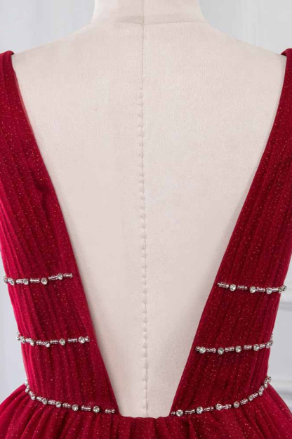 BMbridal Sexy Deep-V-Neck Sleeveless Burgundy Prom Dresses with Beadings