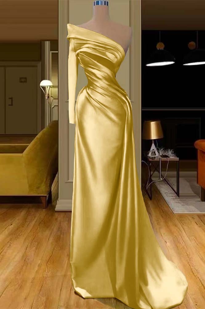 Glamorous One Shoulder Champagne Long Sleeve Prom Dress Mermaid With Pleated