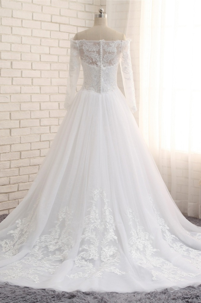 BMbridal Unique Bateau Longsleeves A-line Wedding Dresses With Appliques White Tulle Bridal Gowns On Sale-BMbridal