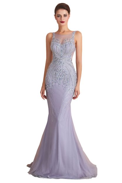 BMbridal Luxurious Lilac Crystal Prom Dress Mermaid Long Evening Gowns