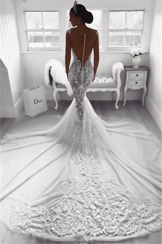 Elegant Cap Mermaid Sleeves Wedding Dress Lace Appliques with Zipper Button Back