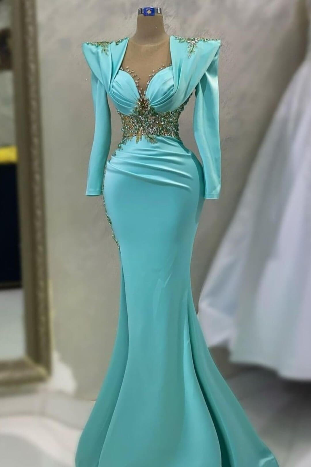 Chic Blue Long Sleeves Sweetheart Mermaid Evening Dress With Beadings