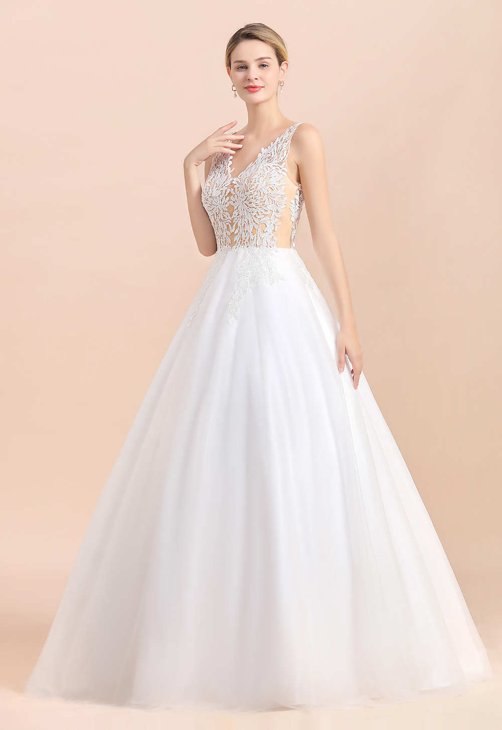 BMbridal Boho V-Neck Lace Wedding Dress Tulle Appliques Sleeveless Bridal Gowns On Sale-BMbridal