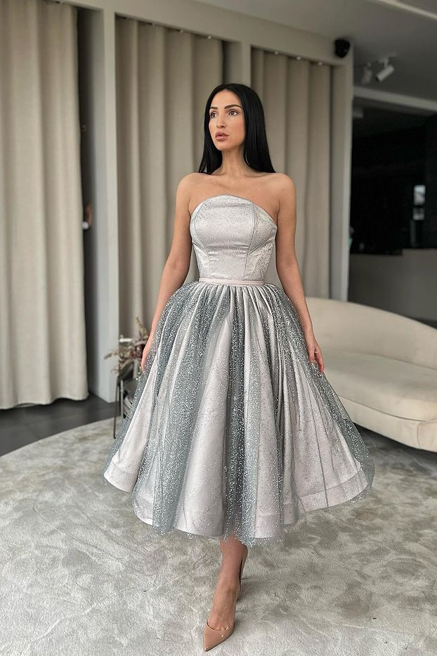 Bmbridal Strapless Silver Prom Dress Short With Lace-Up Back