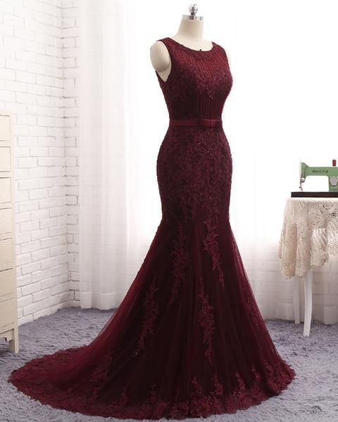 BMbridal Gorgeous Burgundy Mermaid Prom Dress With Lace Appliques Online
