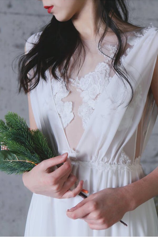 BMbridal Sexy A-line V-Neck Chiffon Wedding Dress Sleeveless Lace Appliques Bridal Gowns On Sale-BMbridal