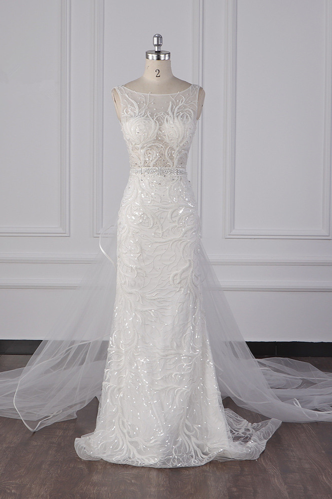 BMbridal Glamorous Jewel Beadings Sheath Wedding Dress Tulle Beadings Appliques Bridal Gowns On Sale-BMbridal