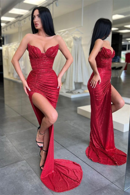 Bmbridal Red Mermiad Sweetheart Sleeveless Prom Dress with Ruffles