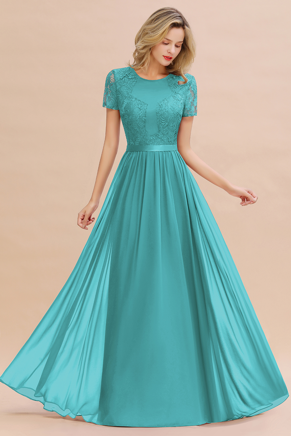BMbridal Elegant Chiffon Lace Jewel Short-Sleeves Affordable Bridesmaid Dress-BMbridal