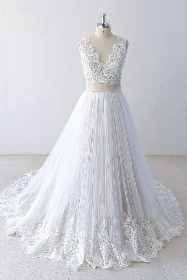BMbridal Elegant V-neck Lace Tulle A-line Wedding Dress On Sale-BMbridal