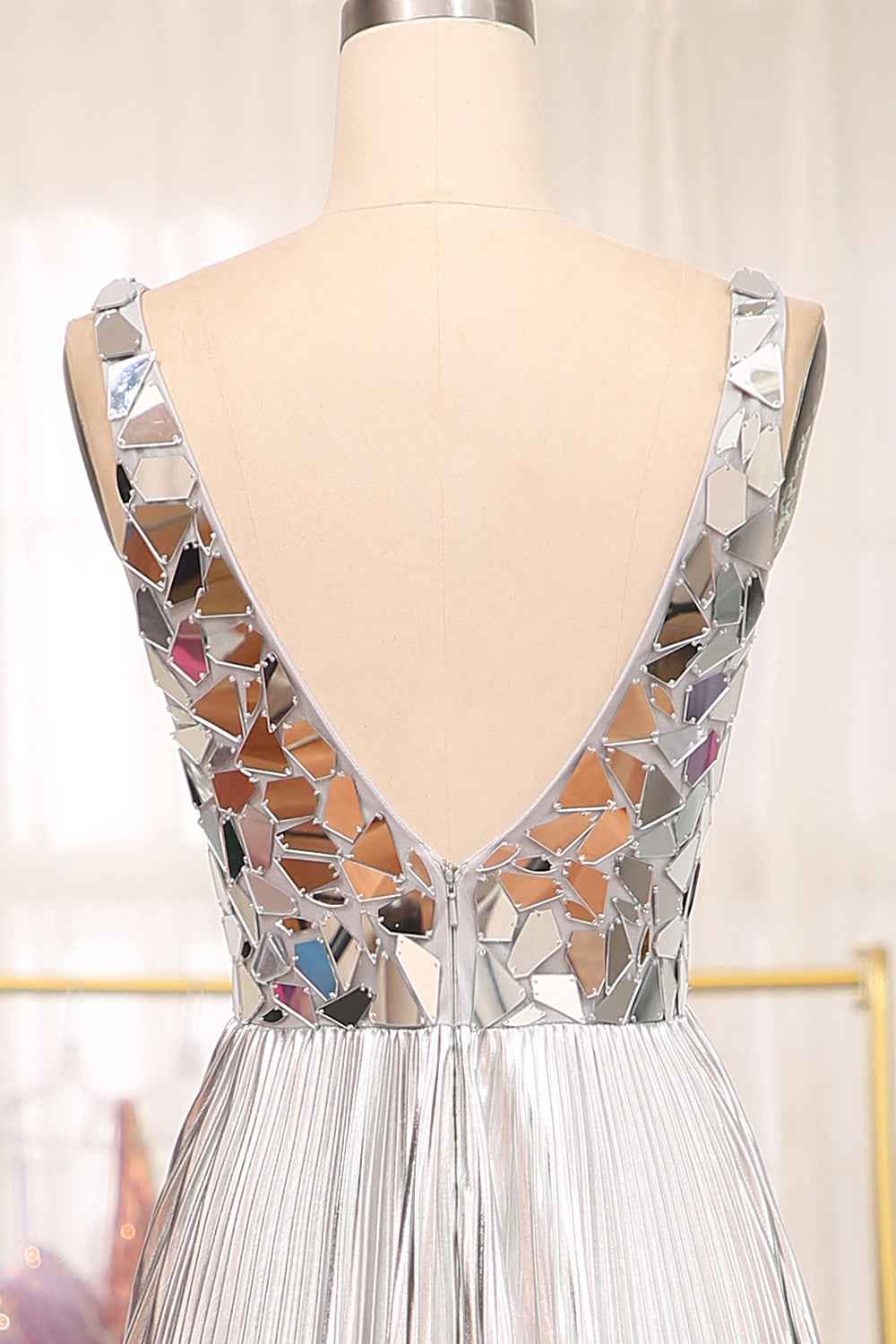 Sparkly A Line Deep V Neck Silver Long Prom Dress with Beading