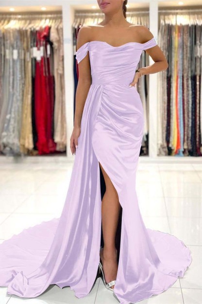 Mermaid Dark Green Pleated Off the Shoulder Long Prom Dress Split With Ruffles