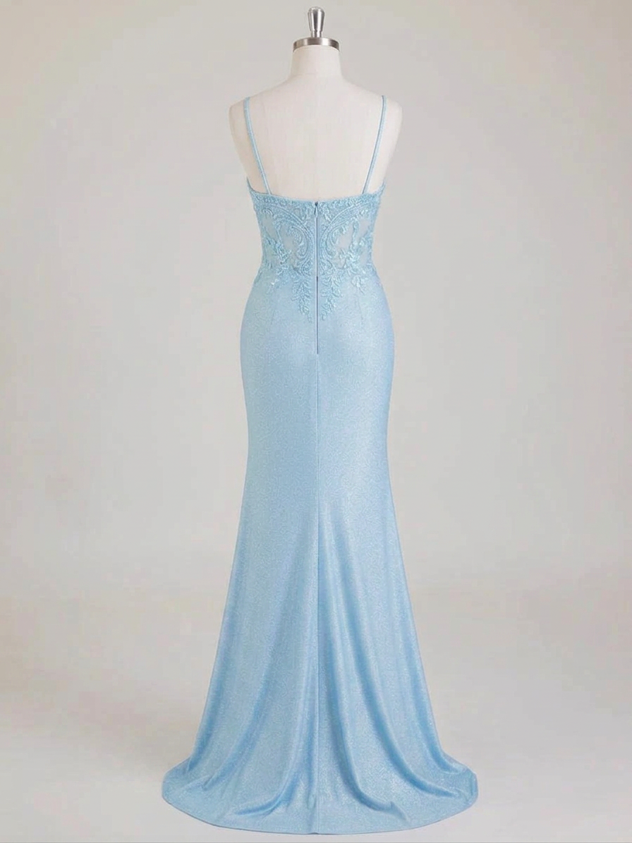 Mermaid Spaghetti Straps V Neck Sequins Prom Dress With Slit 