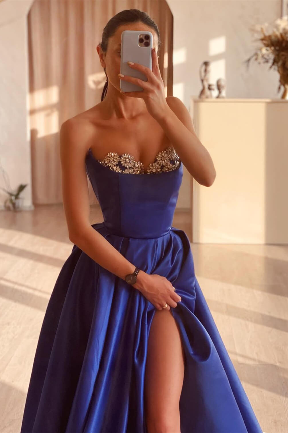 Elegant A-line Square Sleeveless Satin Split Front Oceanblue Prom Dresses