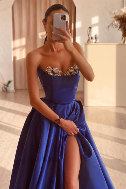 Elegant A-line Square Sleeveless Satin Split Front Oceanblue Prom Dresses
