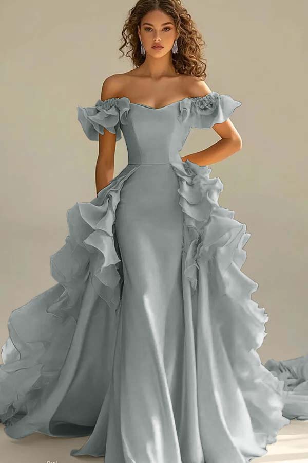 Off the Shoulder Sleeveless Long Mermaid Prom Dress With Ruffles