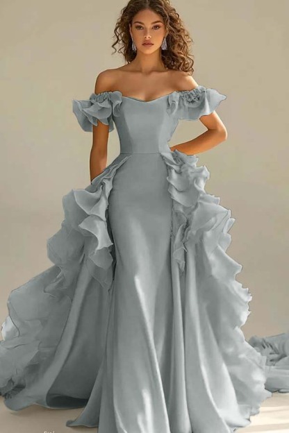 Off the Shoulder Sleeveless Long Mermaid Prom Dress With Ruffles