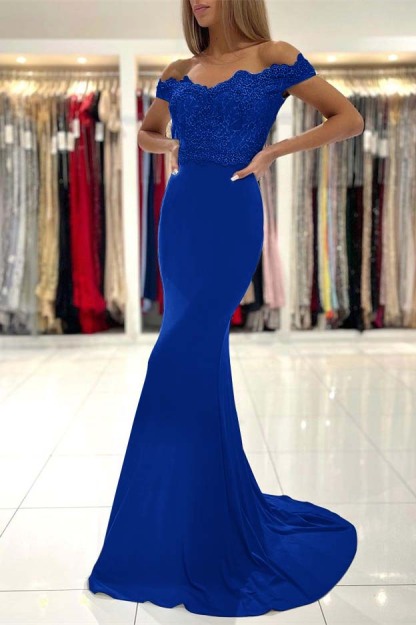 Mermaid Off the Shoulder Sleeveless Prom Dress Long With Lace Appliques
