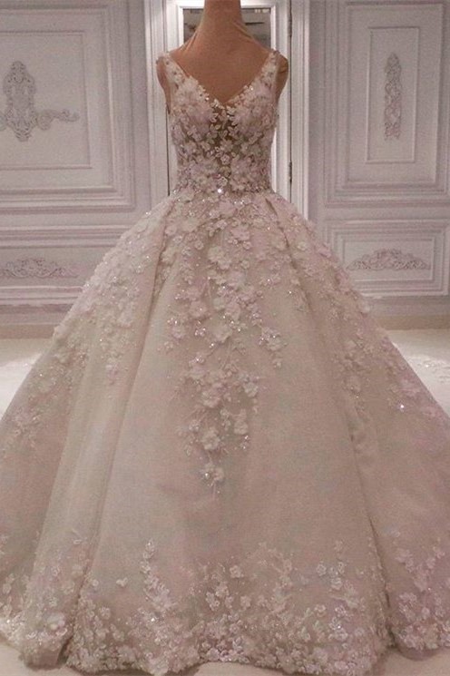 BMbridal Chic Straps V-neck A-line Wedding Dresses With Appliques Ivory Sleeveless Bridal Gowns On Sale-BMbridal