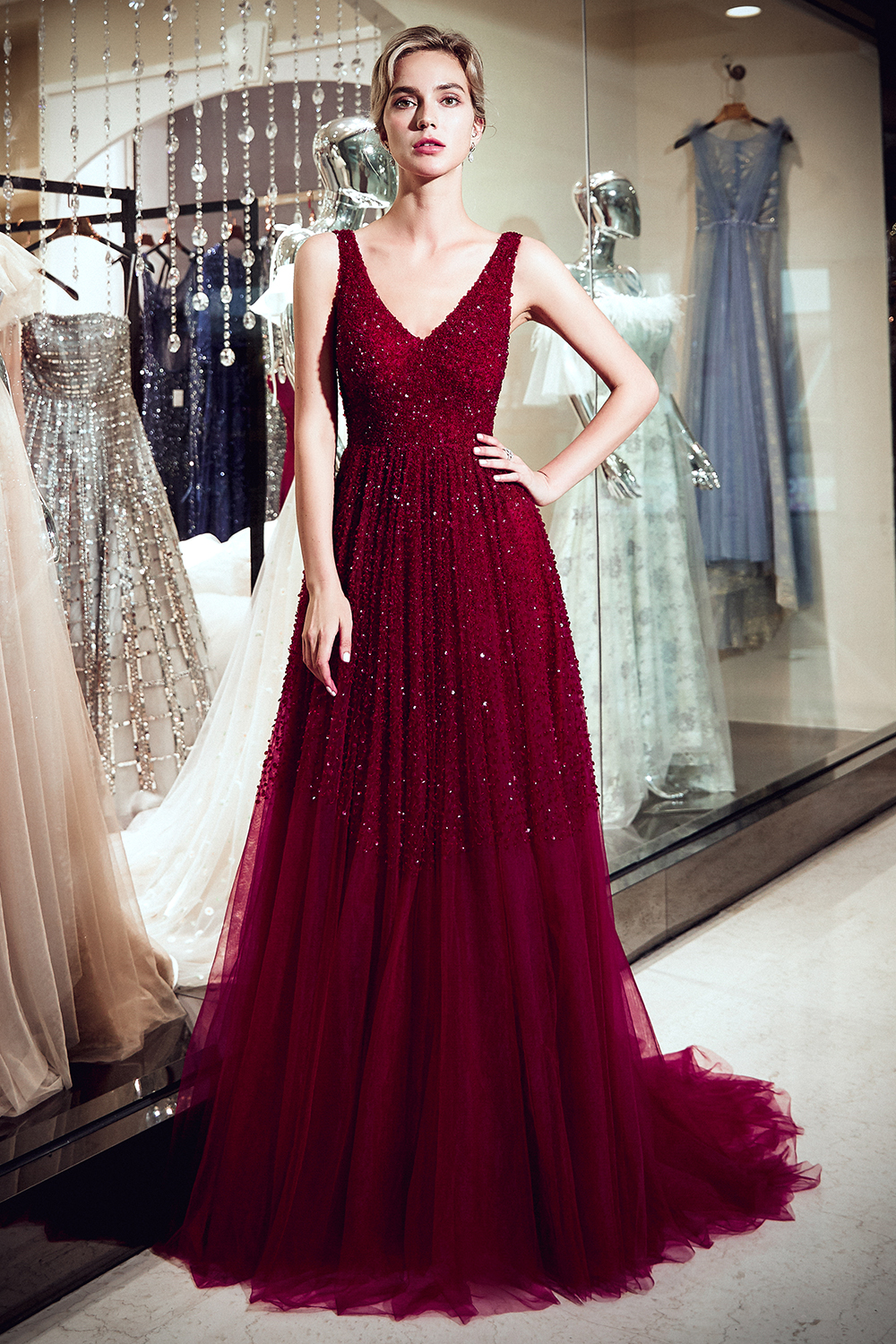 BMbridal Burgundy V-Neck Sequins Beadings Prom Dress Long Tulle Evening Gowns
