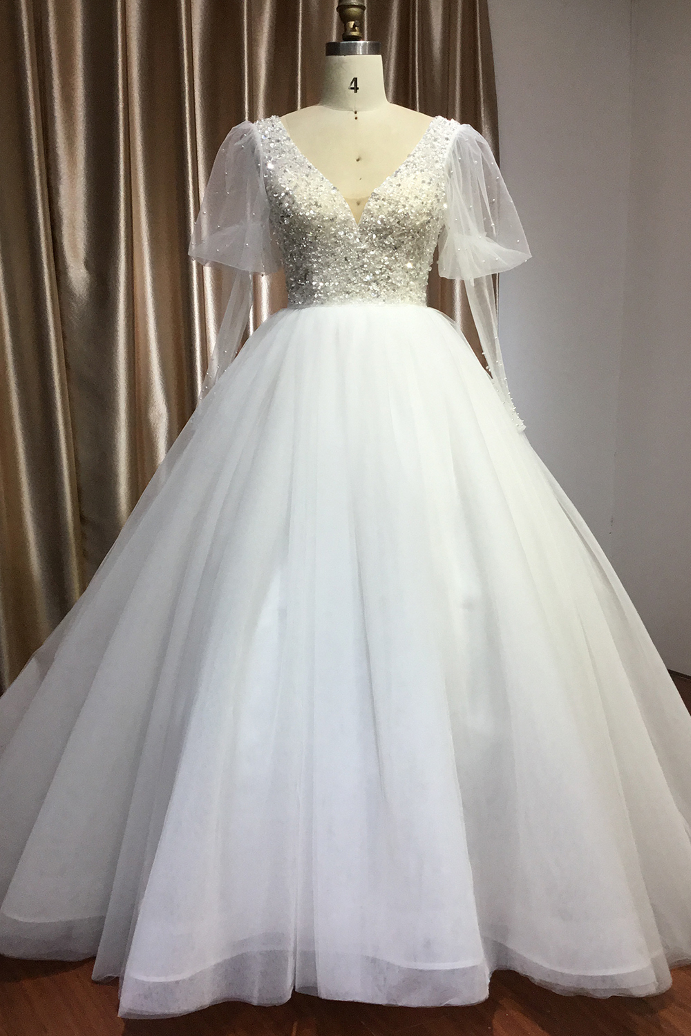 Bmbridal Sheer Long Sleeves Ball Gown Wedding Dress Tulle With Beads-BMbridal