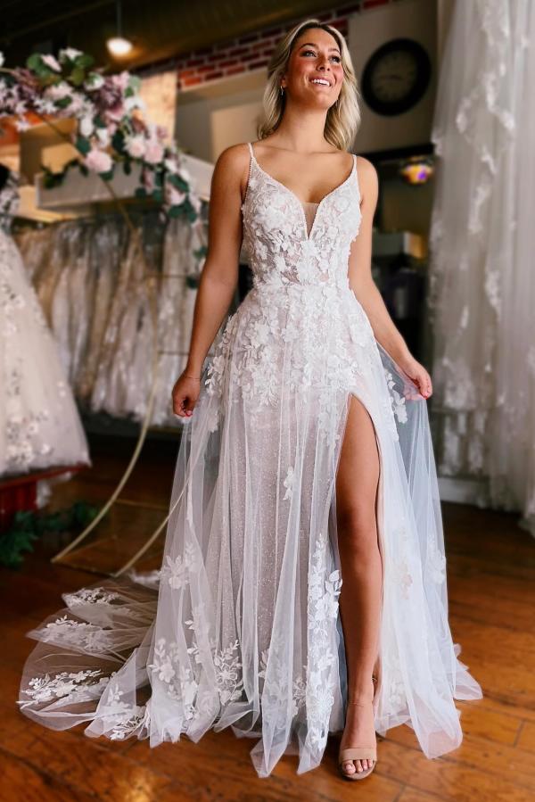 Bmbridal Spaghetti-Straps Sleeveless Wedding Dress A-Line With Appliques-BMbridal