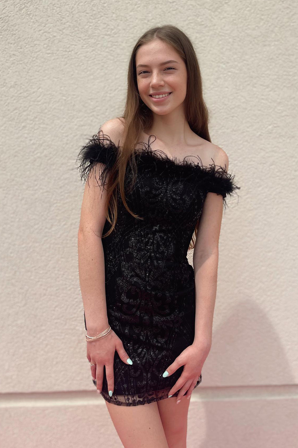 Sparkly Black Sequins Feathered Tight Short Homecoming Dress-BMbridal