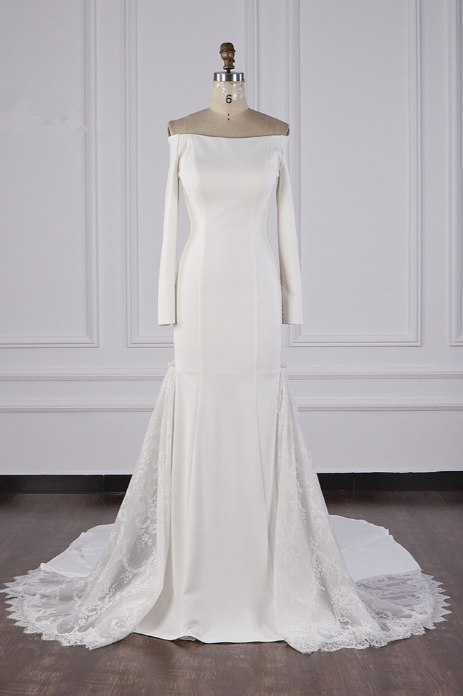BMbridal Chic Off-the-Shoulder Satin Wedding Dress Tulle Lace Bridal Gowns with Long Sleeves On Sale-BMbridal