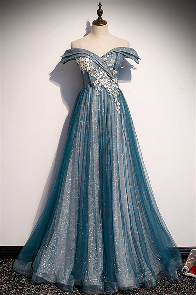 BMbridal Glamorous Tulle Off-the-Shoulder A-Line Prom Dresses with Appliques