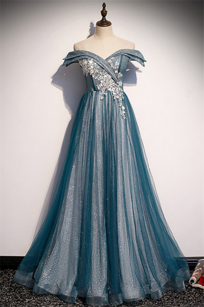 BMbridal Glamorous Tulle Off-the-Shoulder A-Line Prom Dresses with Appliques