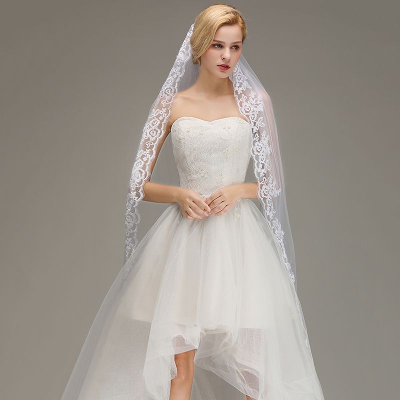 BMbridal One Layer Wedding Veil with Comb Lace Edge Appliqued Bridal Veil-BMbridal
